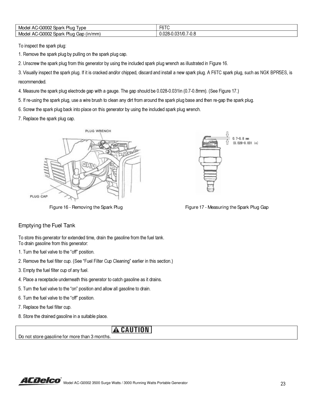 ACDelco AC-G0002 instruction manual Emptying the Fuel Tank, F6TC 