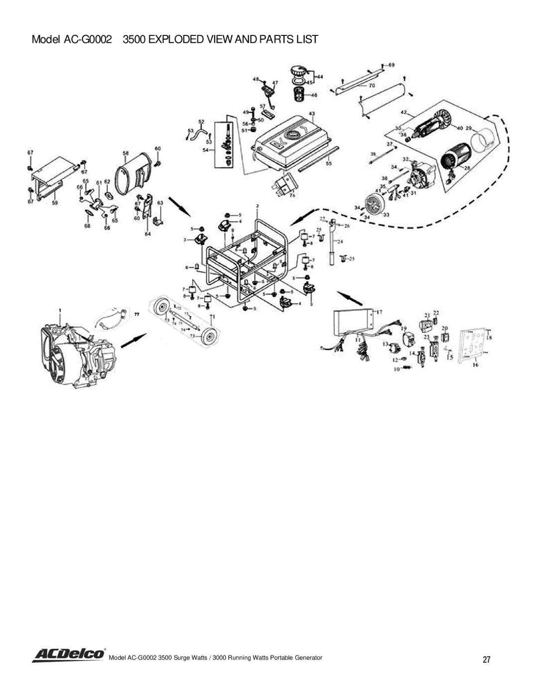 ACDelco instruction manual Model AC-G0002 3500 Exploded View and Parts List 