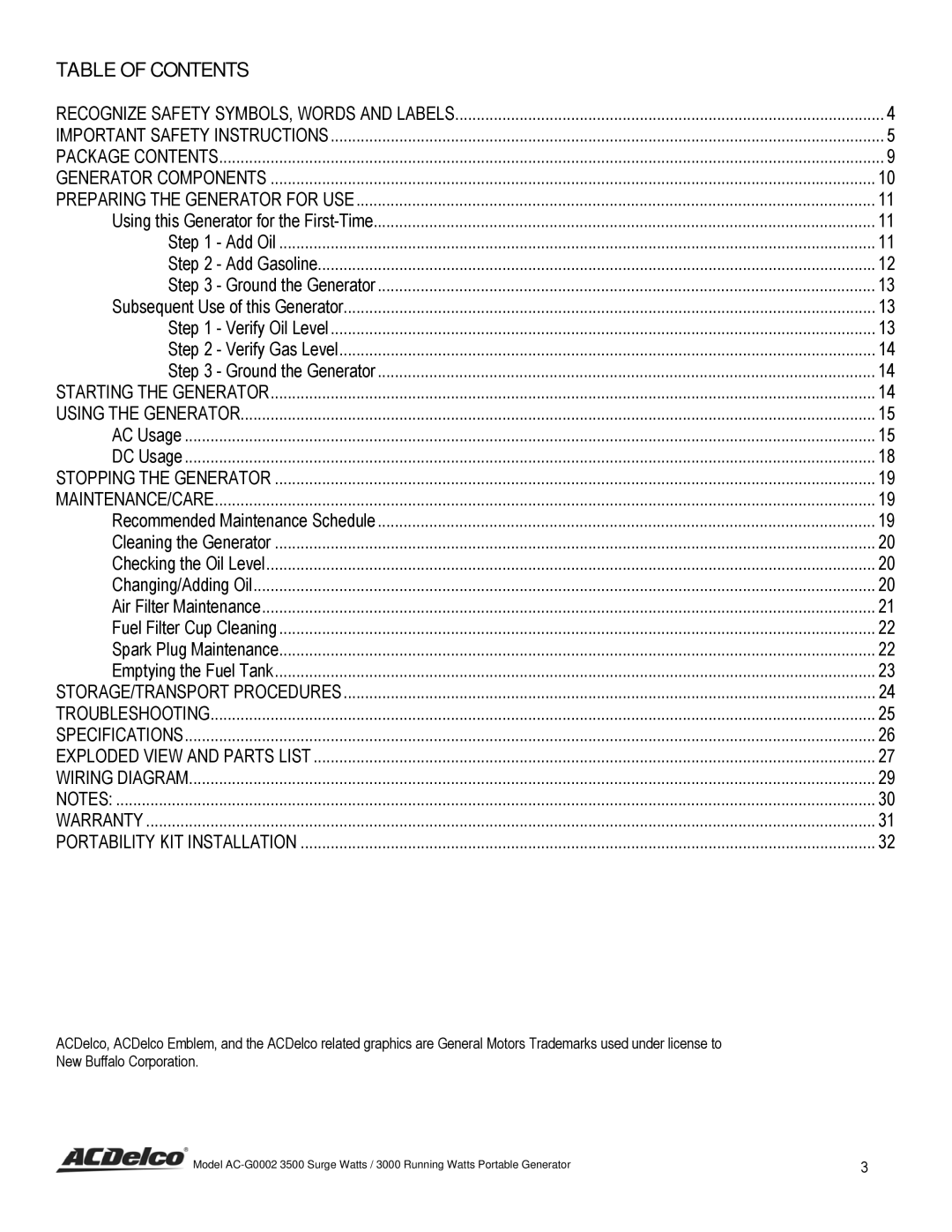 ACDelco AC-G0002 instruction manual Table of Contents 