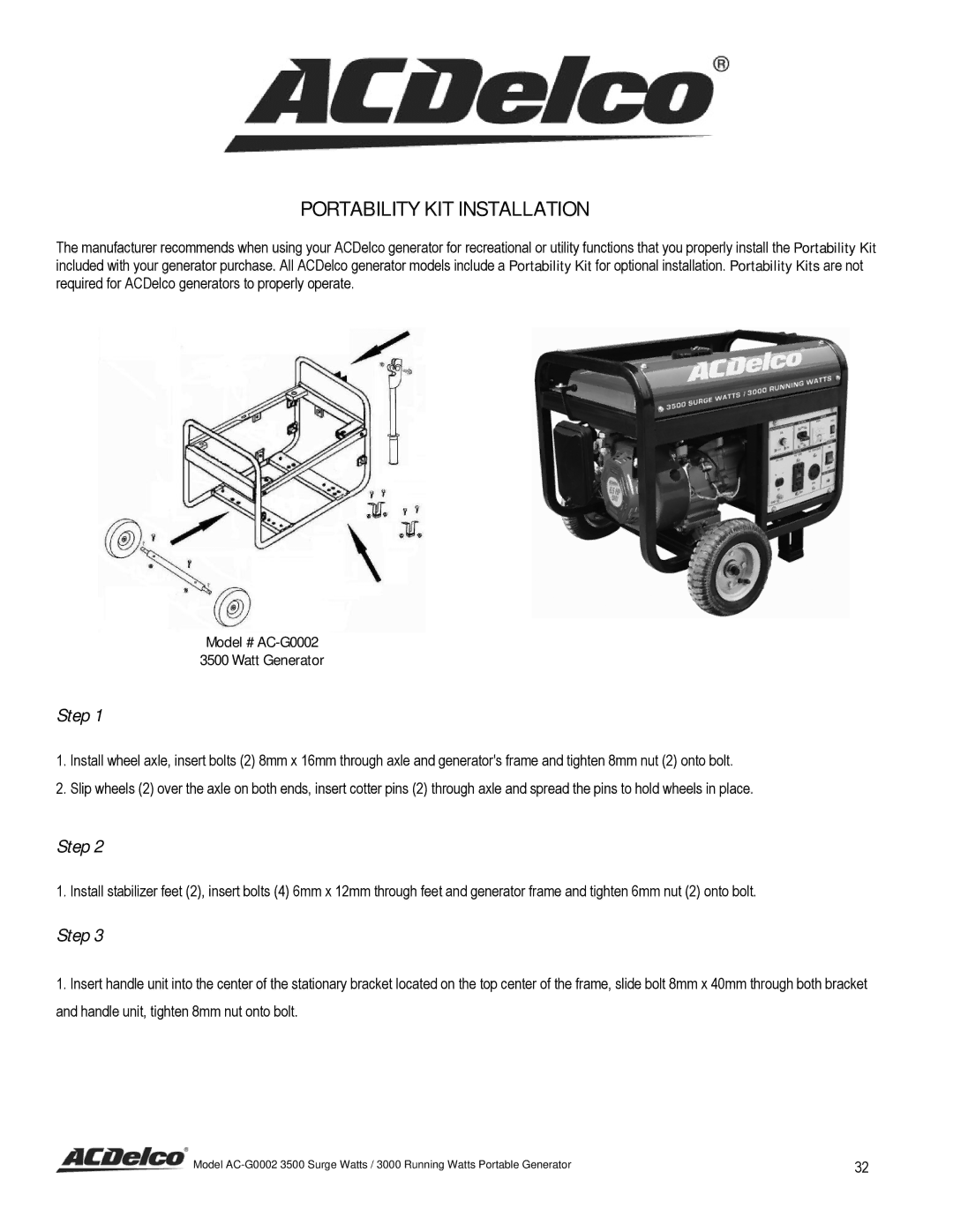 ACDelco AC-G0002 instruction manual Portability KIT Installation, Step 