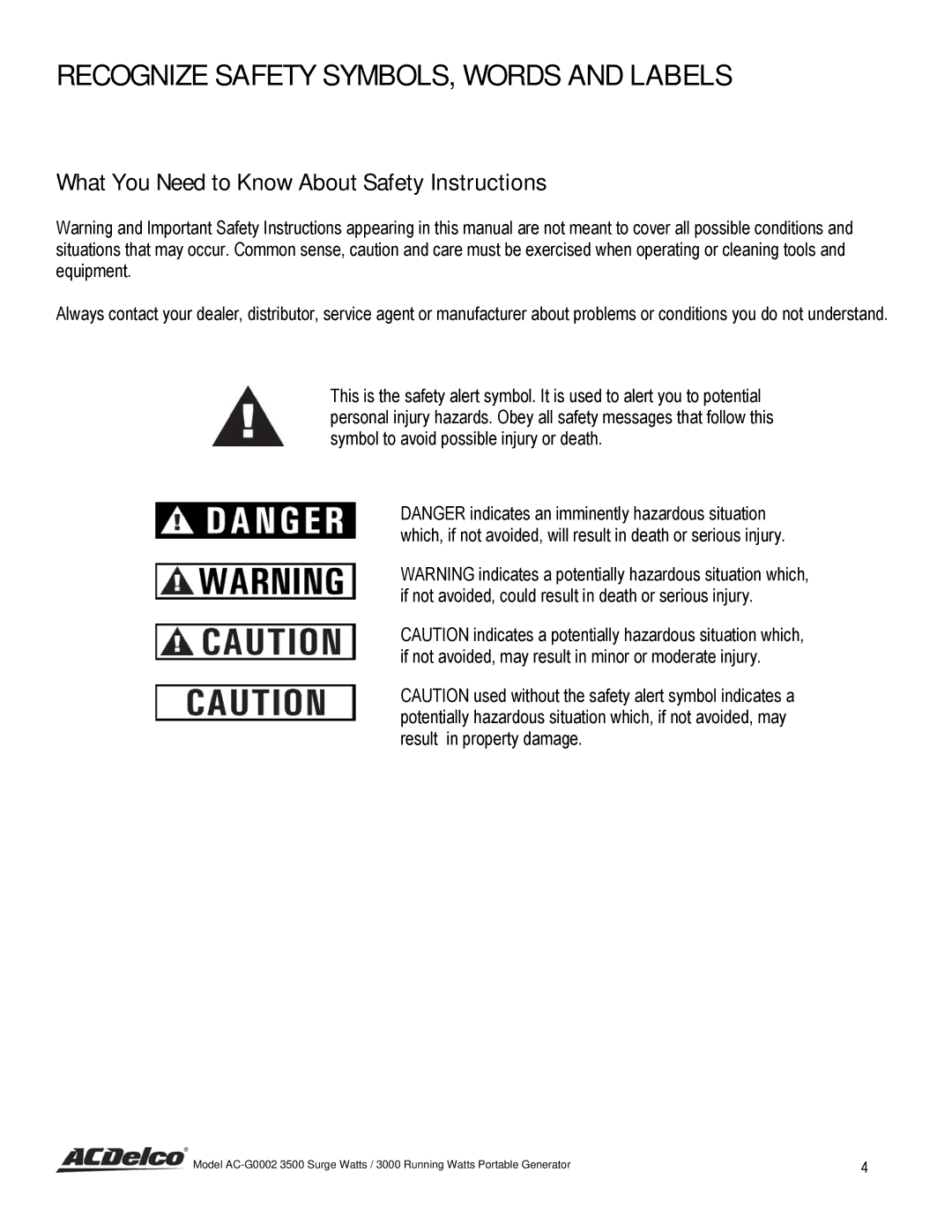 ACDelco AC-G0002 instruction manual Recognize Safety SYMBOLS, Words and Labels 