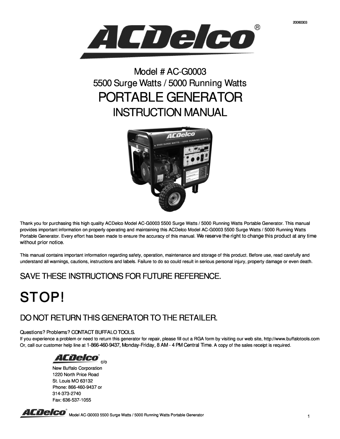ACDelco AC-G0003 instruction manual Stop, Save These Instructions For Future Reference, Portable Generator 
