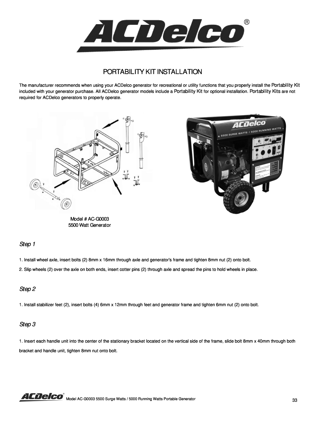 ACDelco instruction manual Portability Kit Installation, Step, Model # AC-G0003 5500 Watt Generator 