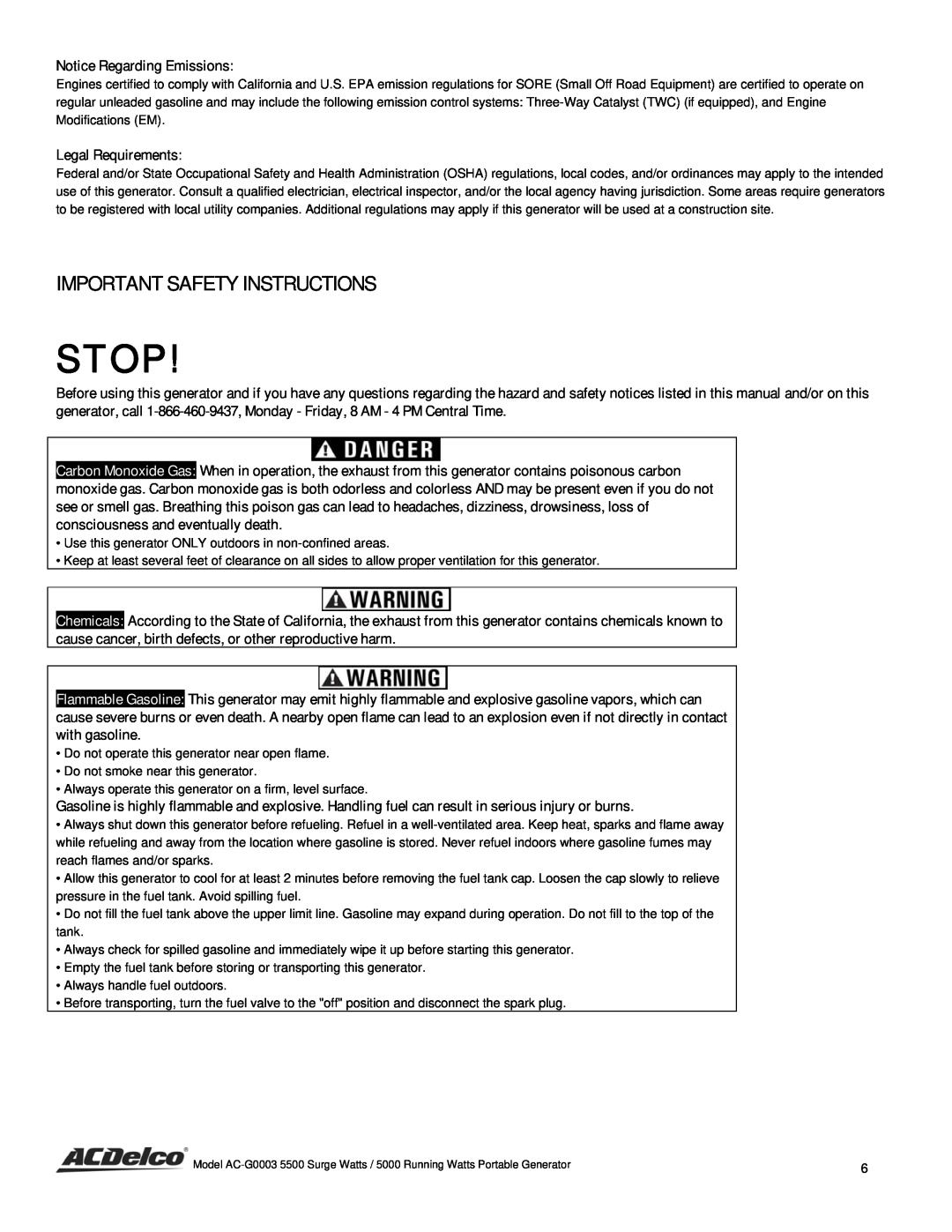 ACDelco AC-G0003 instruction manual Important Safety Instructions, Stop, Notice Regarding Emissions, Legal Requirements 