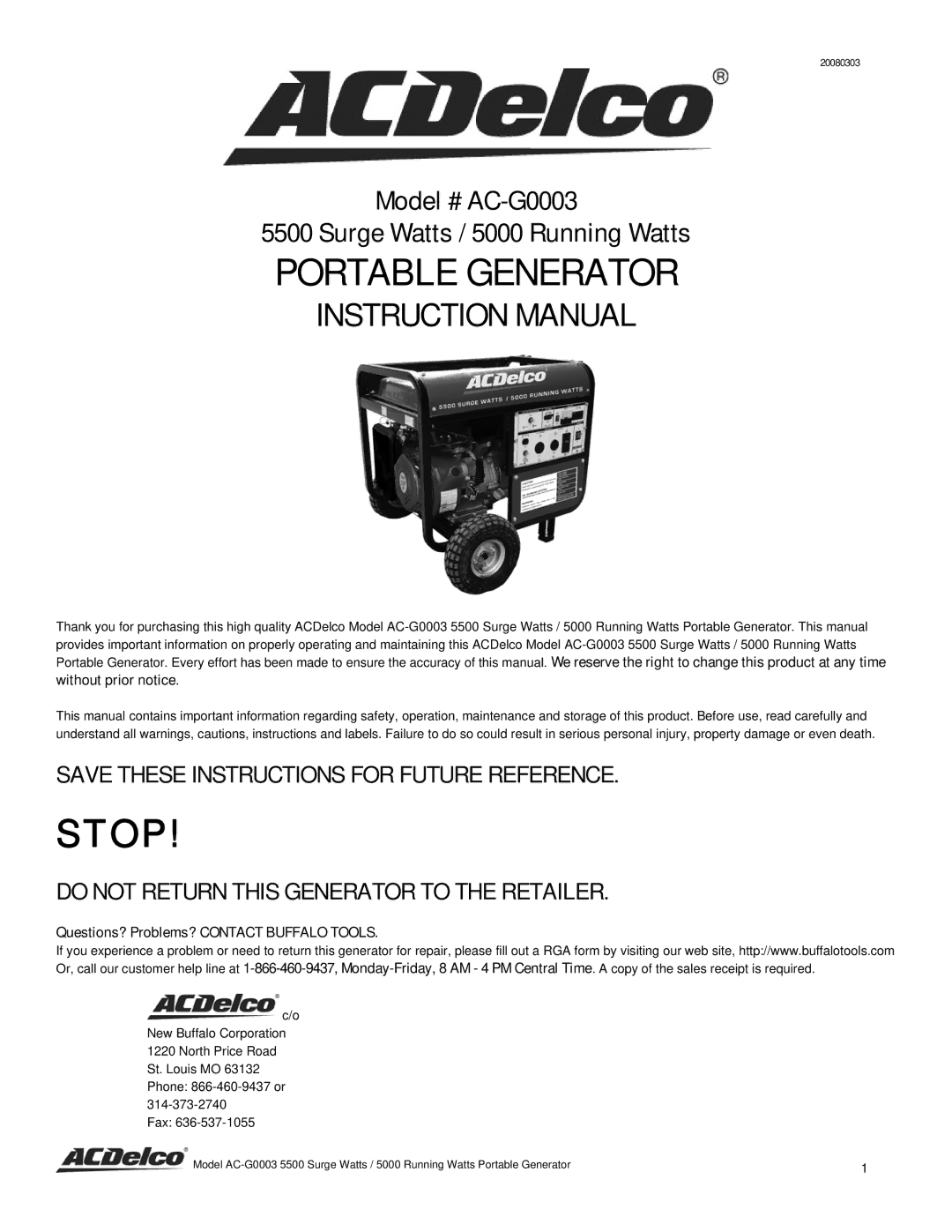 ACDelco AC-G0003 instruction manual Portable Generator, Questions? Problems? Contact Buffalo Tools 