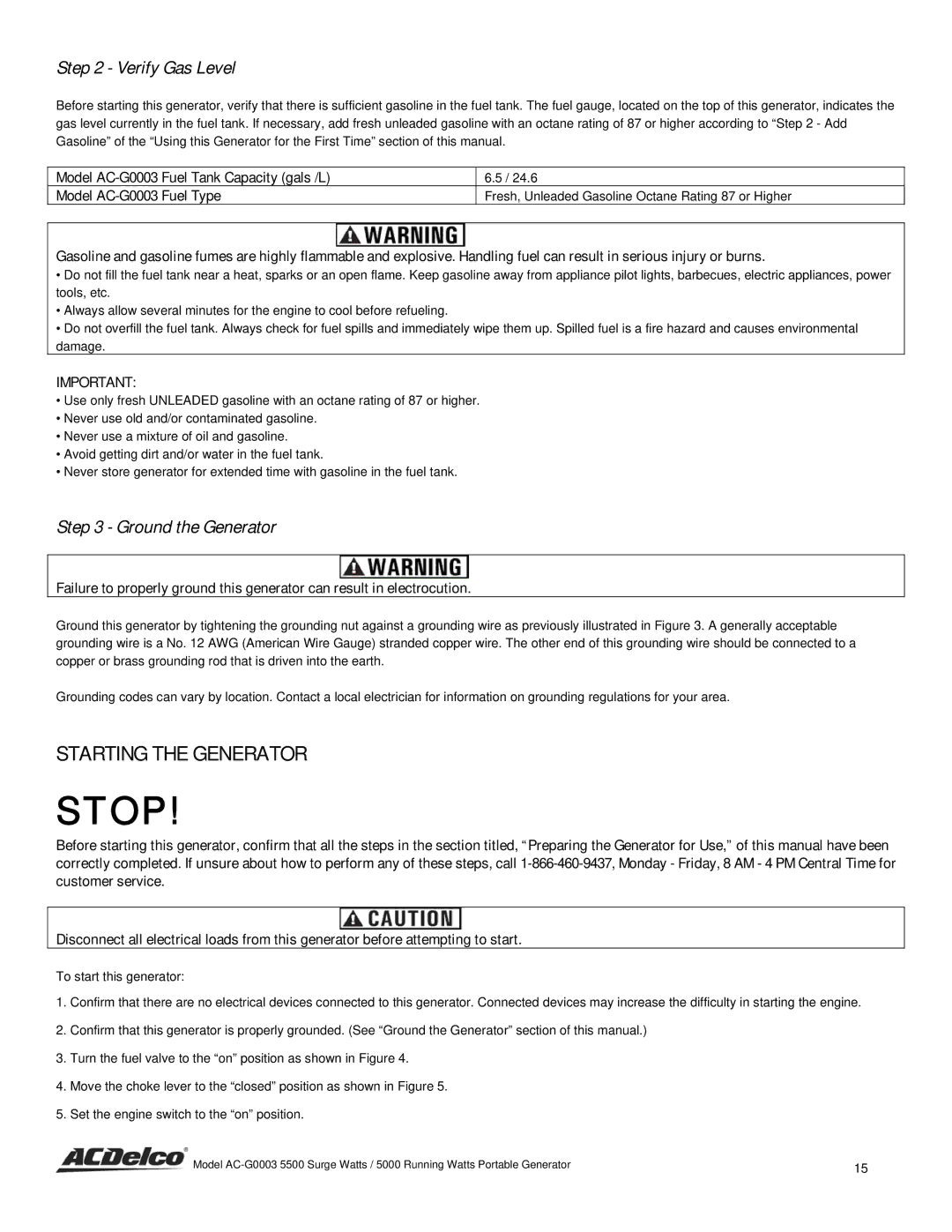 ACDelco AC-G0003 instruction manual Starting the Generator, Verify Gas Level 