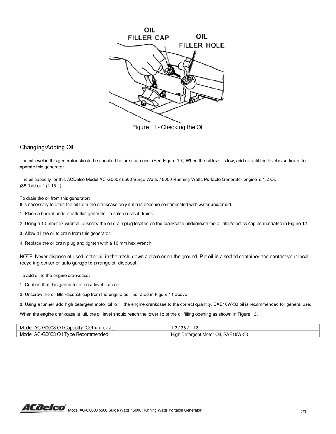 ACDelco AC-G0003 instruction manual Checking the Oil Changing/Adding Oil 