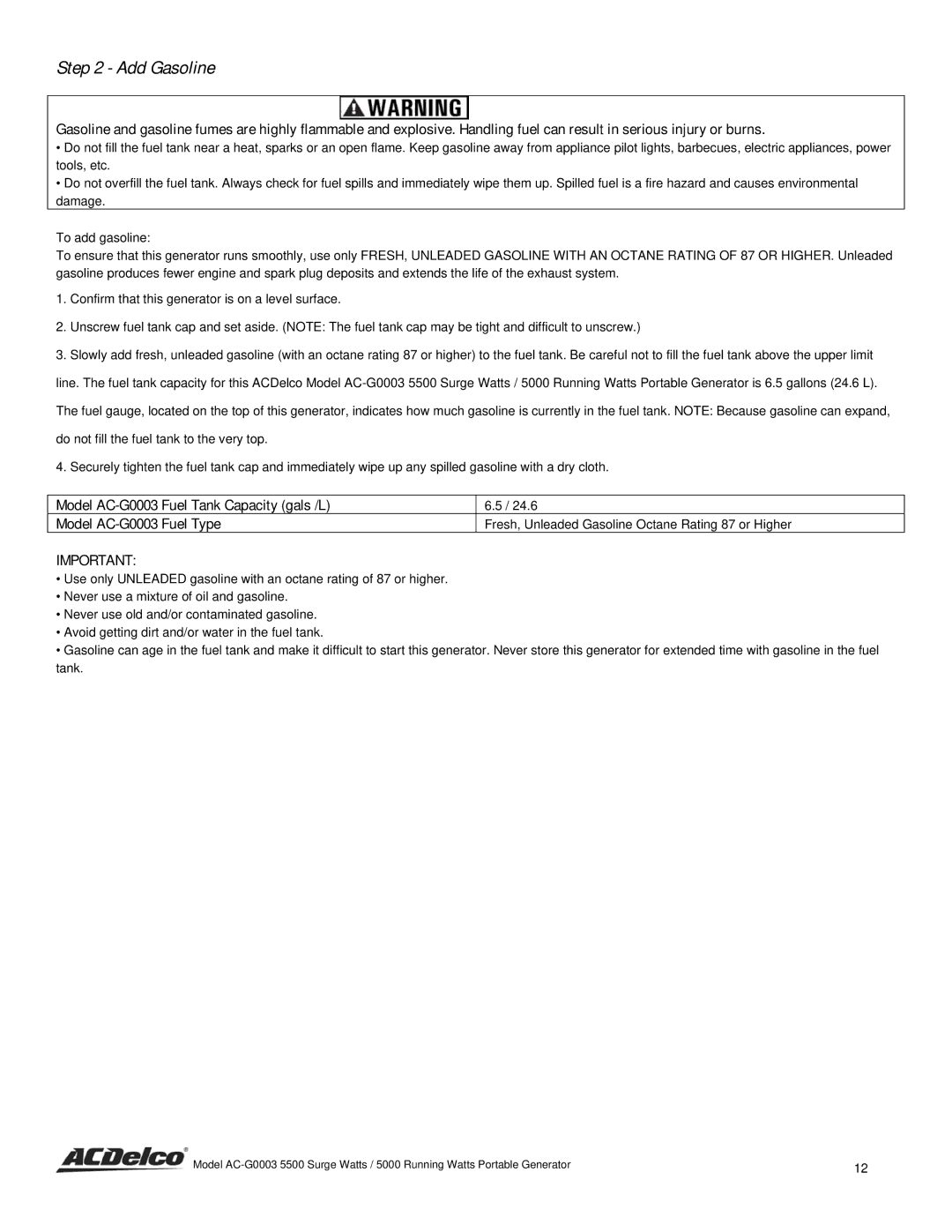 ACDelco AC-G0003 instruction manual Add Gasoline 