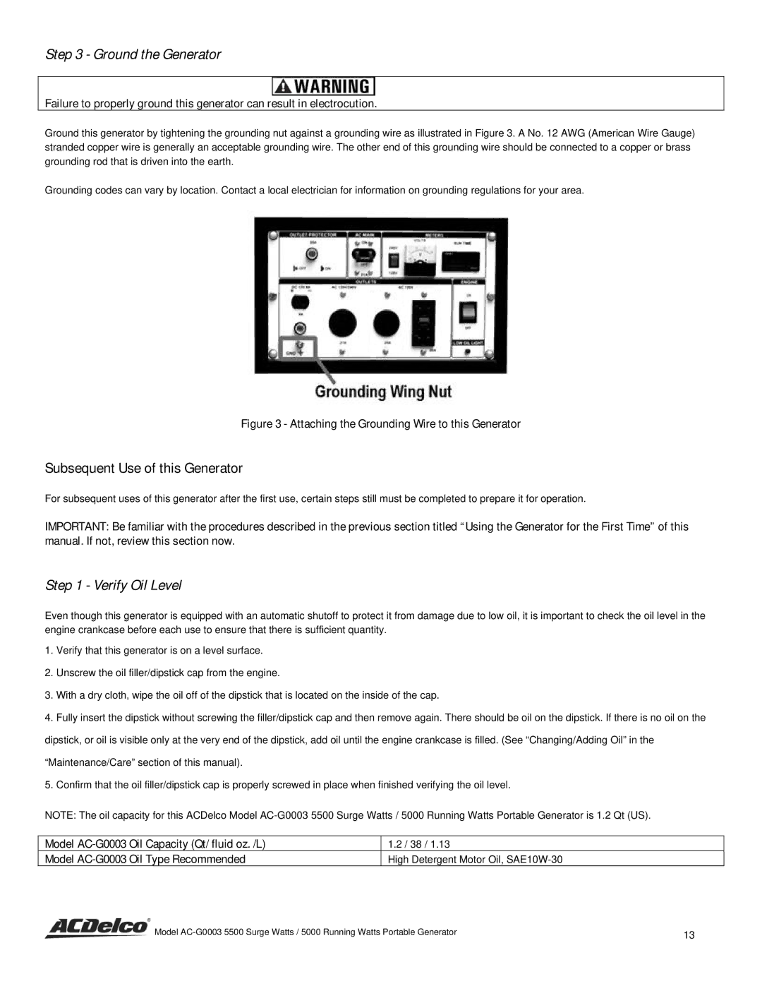 ACDelco AC-G0003 instruction manual Ground the Generator, Subsequent Use of this Generator, Verify Oil Level 