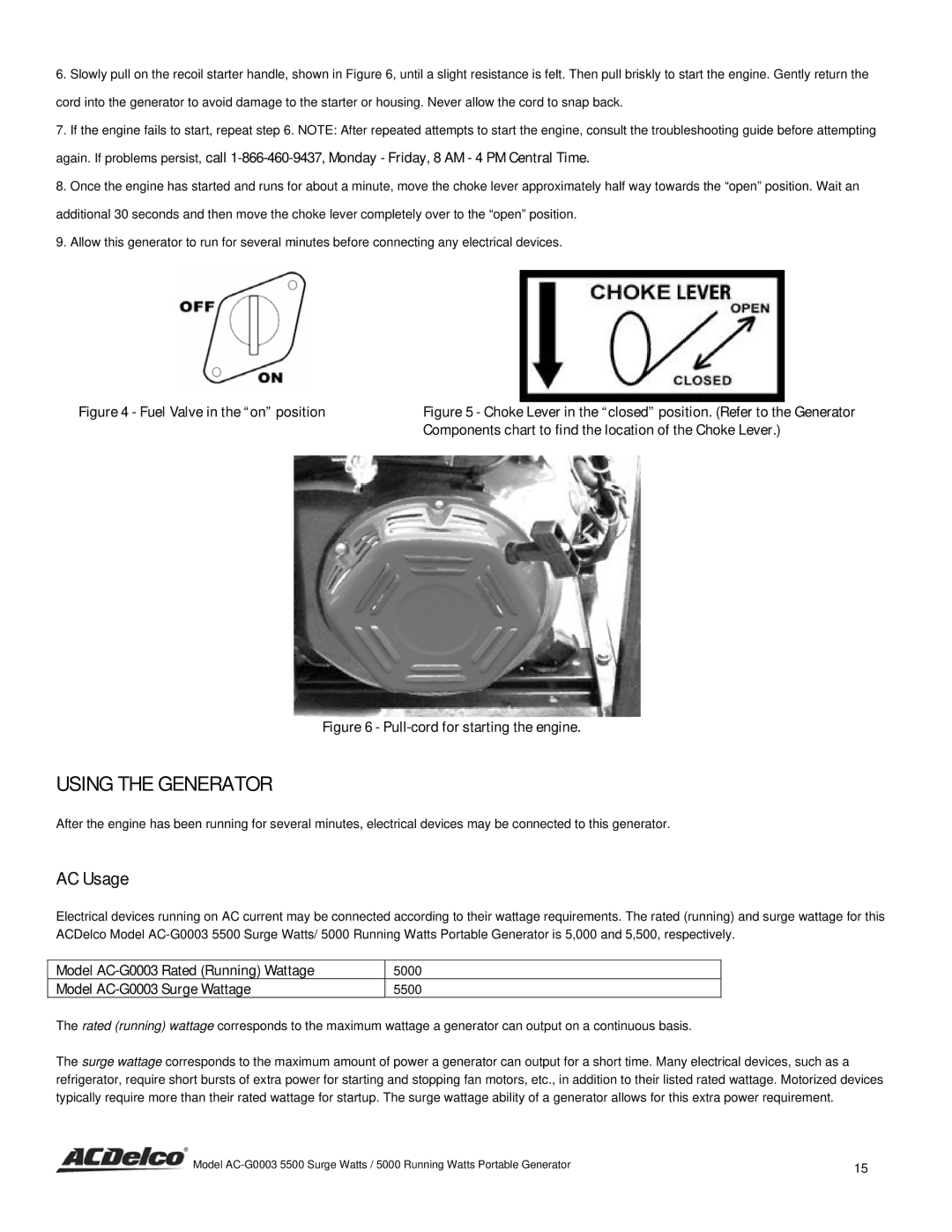 ACDelco AC-G0003 instruction manual Using the Generator, AC Usage, Components chart to find the location of the Choke Lever 