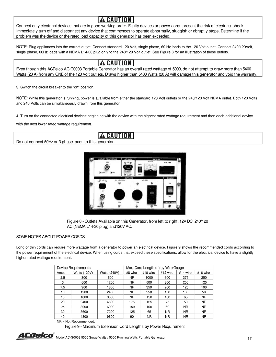 ACDelco AC-G0003 instruction manual Do not connect 50Hz or 3-phase loads to this generator 