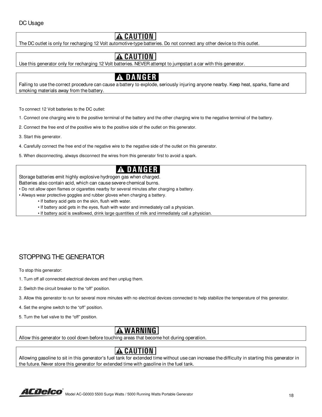 ACDelco AC-G0003 instruction manual Stopping the Generator, DC Usage 