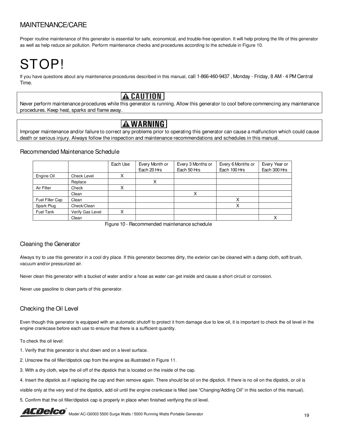 ACDelco AC-G0003 Maintenance/Care, Recommended Maintenance Schedule, Cleaning the Generator, Checking the Oil Level 