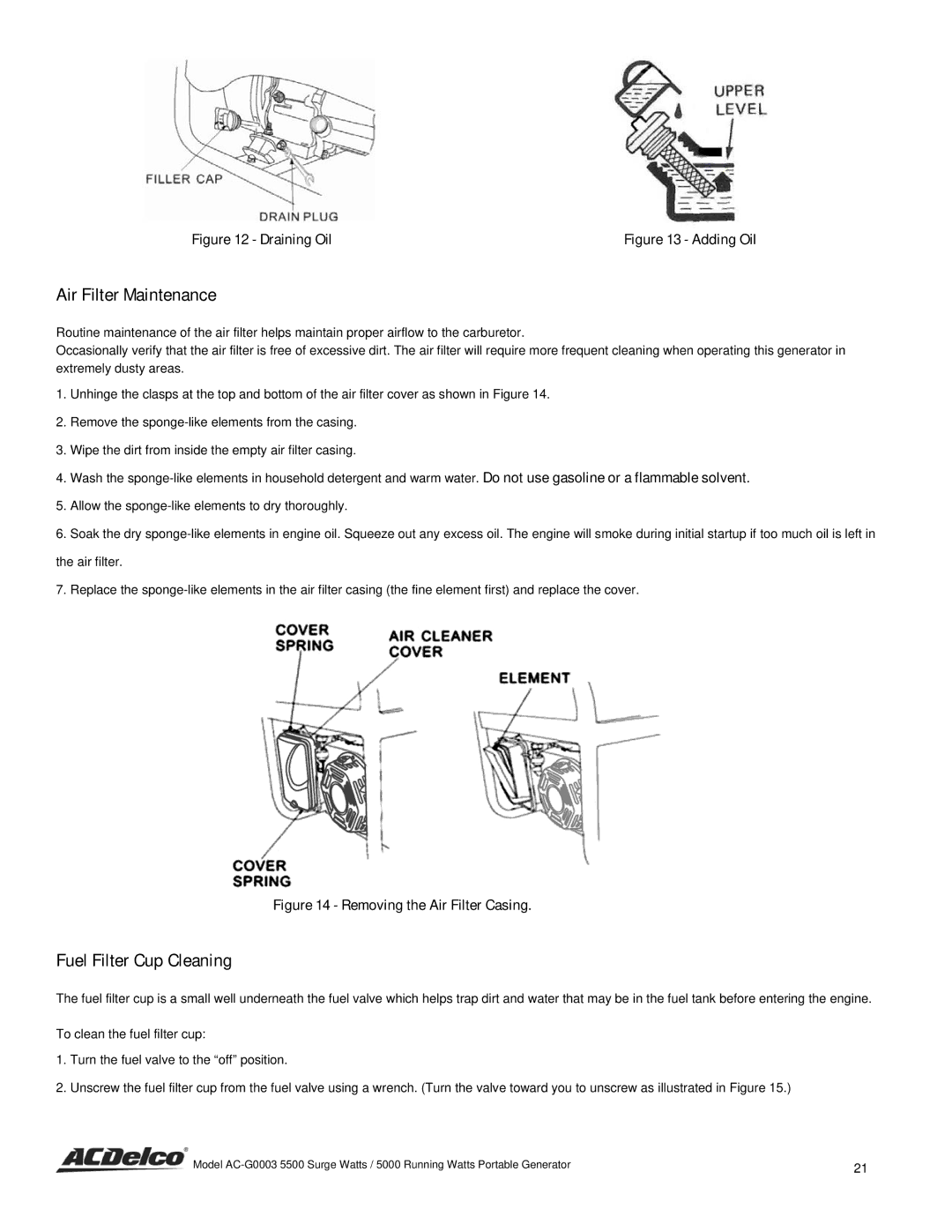 ACDelco AC-G0003 instruction manual Air Filter Maintenance, Fuel Filter Cup Cleaning 