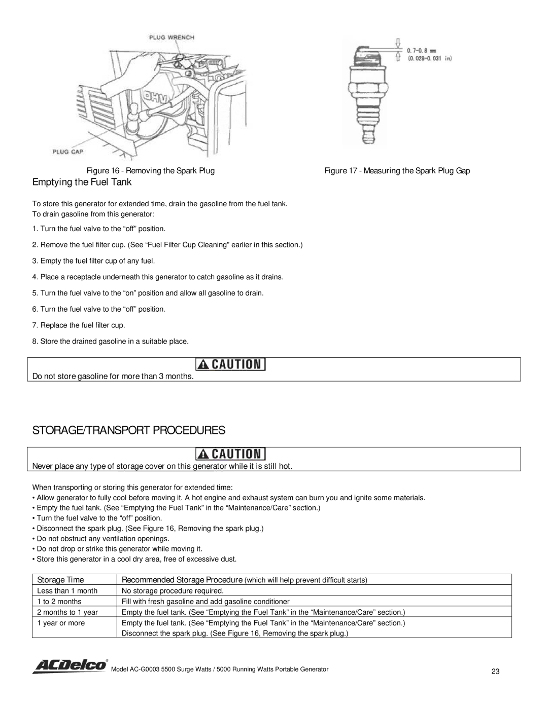 ACDelco AC-G0003 STORAGE/TRANSPORT Procedures, Emptying the Fuel Tank, Do not store gasoline for more than 3 months 