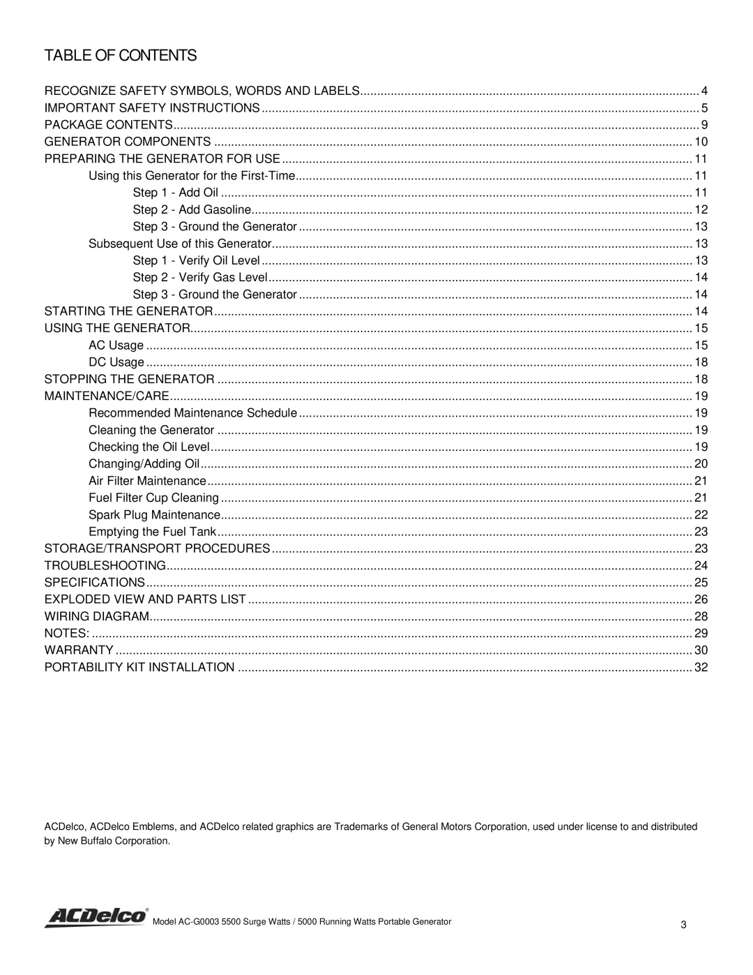 ACDelco AC-G0003 instruction manual Table of Contents 