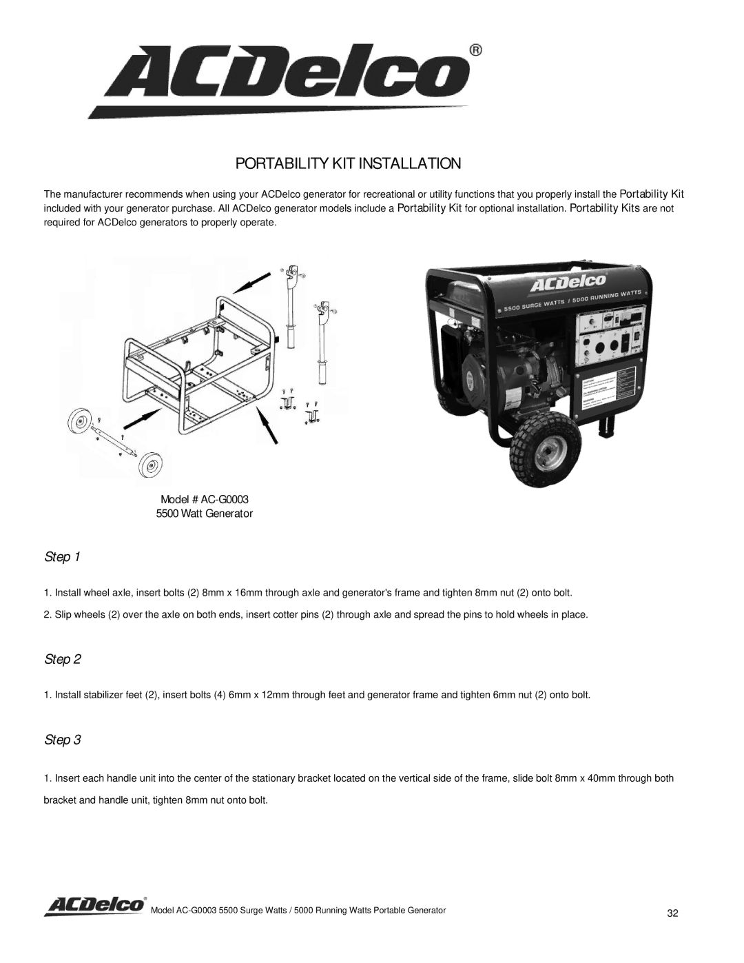 ACDelco instruction manual Portability KIT Installation, Step, Model # AC-G0003 Watt Generator 