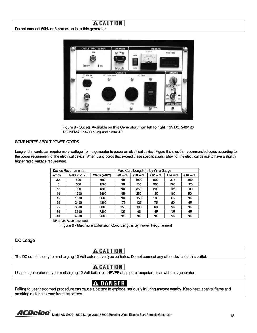 ACDelco AC-G0004 instruction manual DC Usage, Do not connect 50Hz or 3-phase loads to this generator 