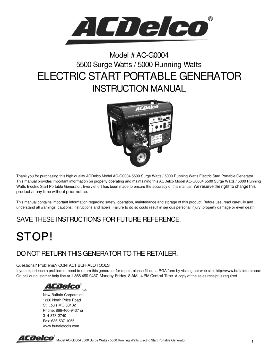 ACDelco AC-G0004 instruction manual Electric Start Portable Generator, Questions? Problems? Contact Buffalo Tools 