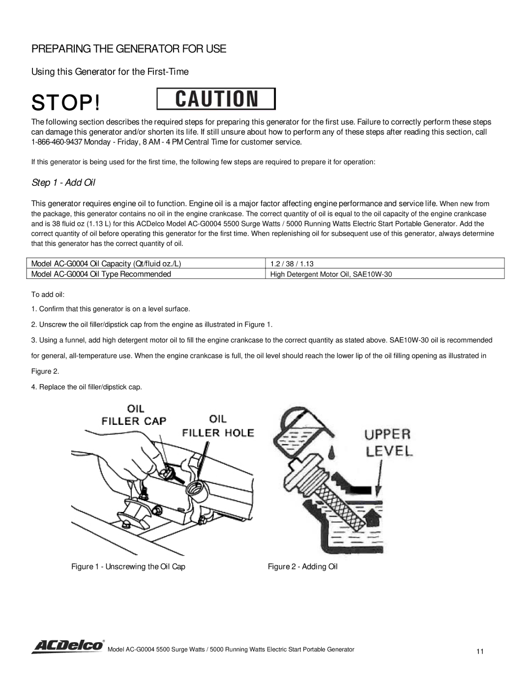 ACDelco AC-G0004 instruction manual Preparing the Generator for USE, Using this Generator for the First-Time 