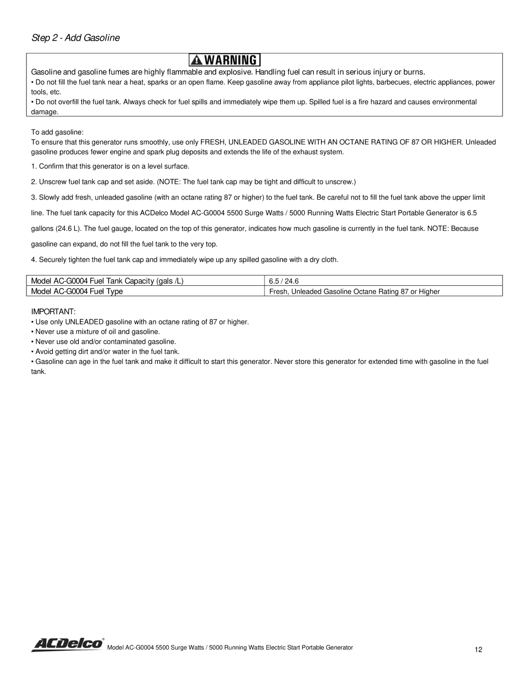 ACDelco AC-G0004 instruction manual Add Gasoline 