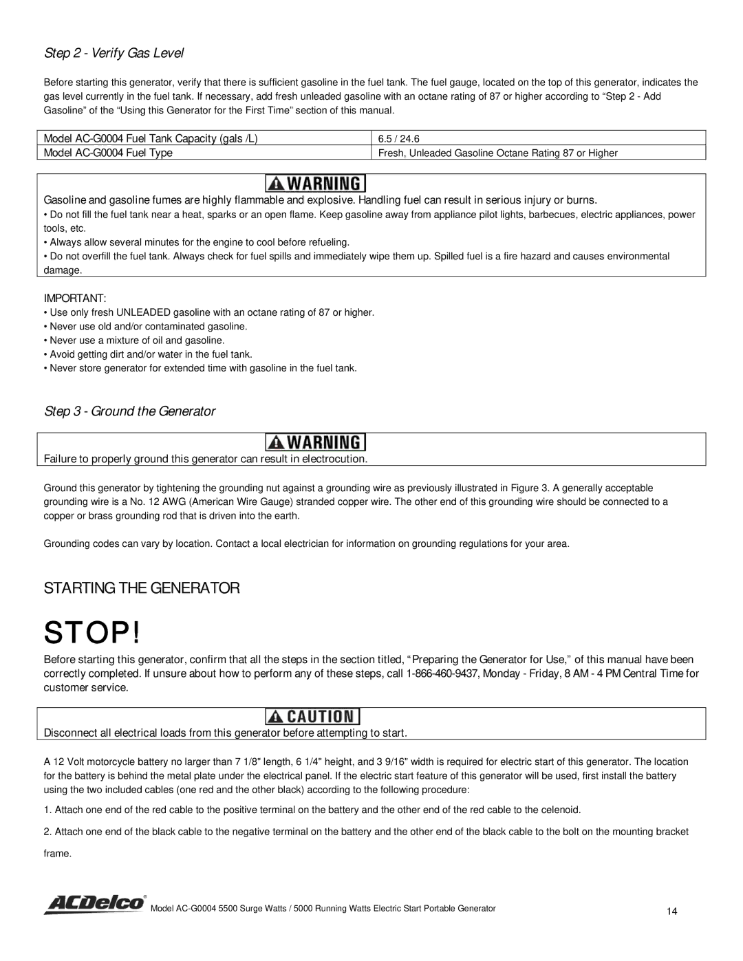 ACDelco AC-G0004 instruction manual Starting the Generator, Verify Gas Level 