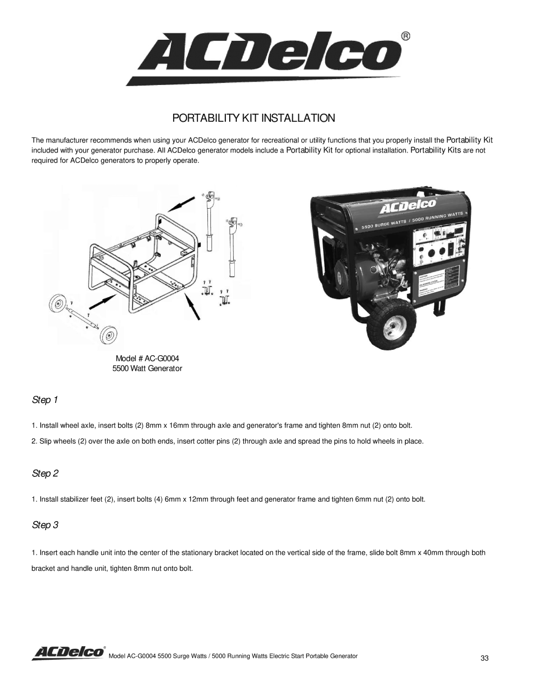 ACDelco instruction manual Portability KIT Installation, Model # AC-G0004 Watt Generator 