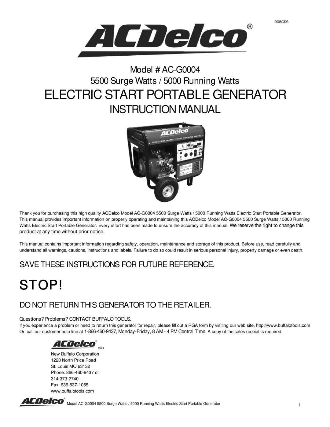 ACDelco AC-G0004 instruction manual Electric Start Portable Generator, Questions? Problems? Contact Buffalo Tools 