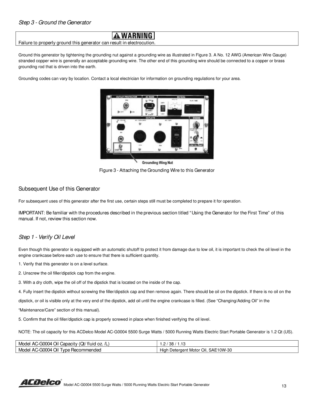 ACDelco AC-G0004 instruction manual Subsequent Use of this Generator, Attaching the Grounding Wire to this Generator 