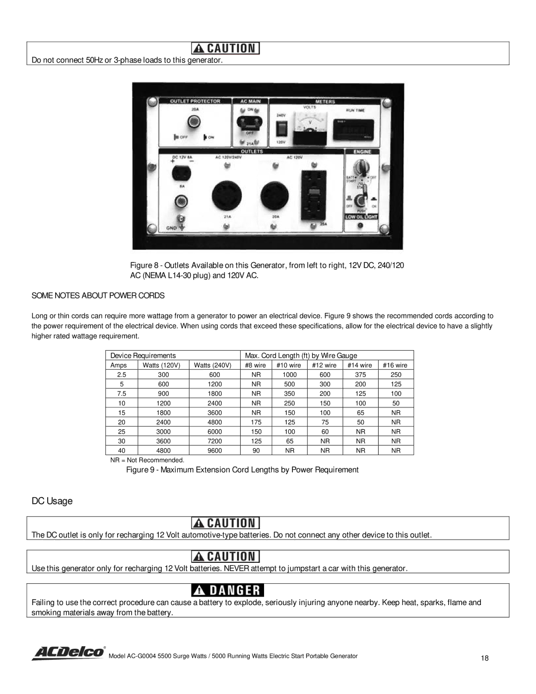 ACDelco AC-G0004 instruction manual DC Usage, Do not connect 50Hz or 3-phase loads to this generator 