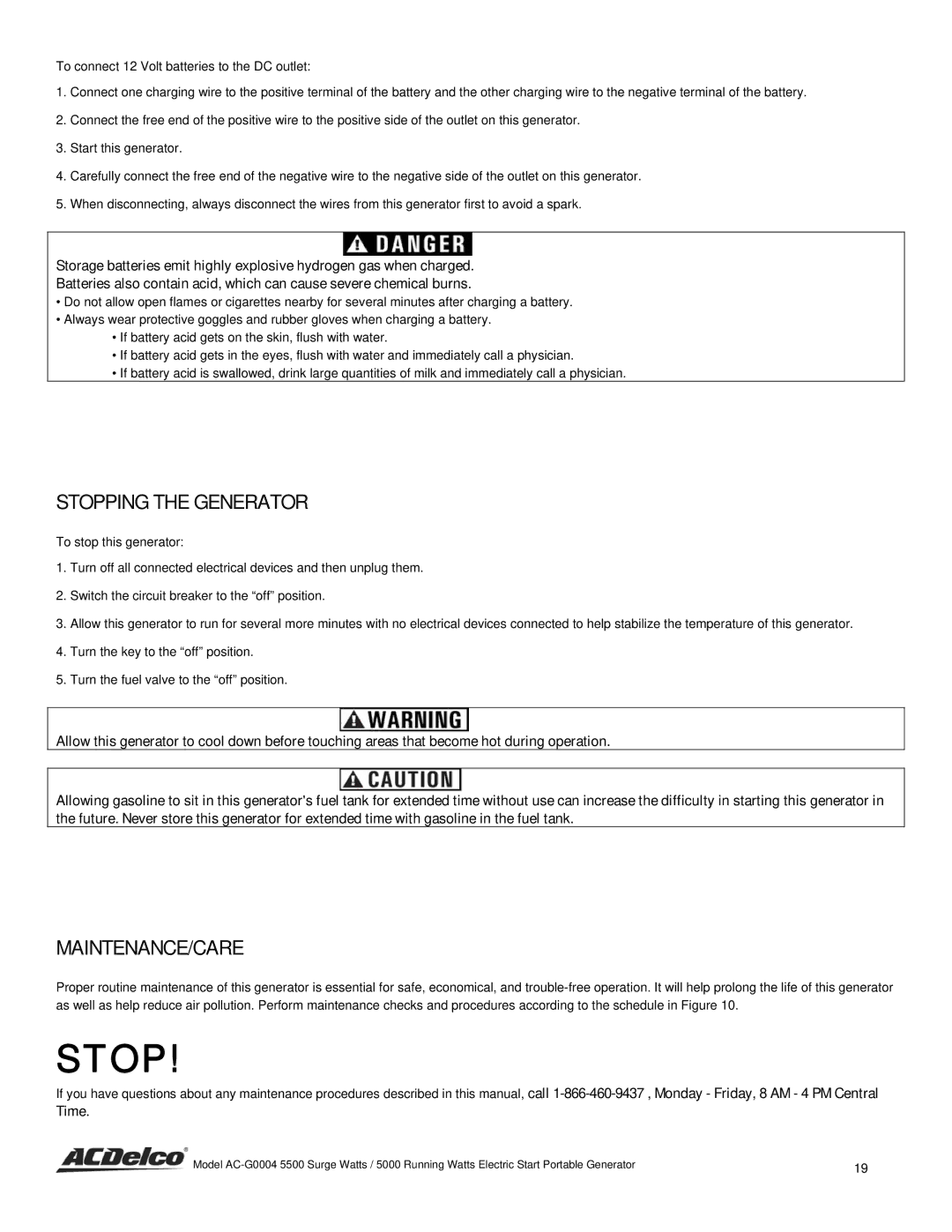 ACDelco AC-G0004 instruction manual Stopping the Generator, Maintenance/Care, Time 