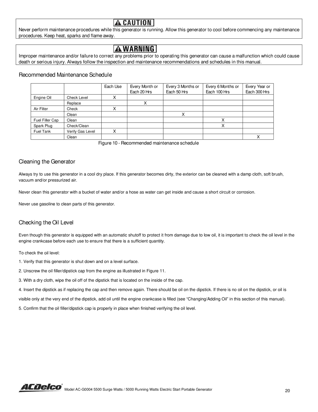 ACDelco AC-G0004 instruction manual Recommended Maintenance Schedule, Cleaning the Generator, Checking the Oil Level 