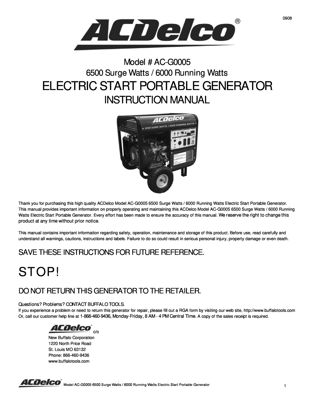 ACDelco AC-G0005 instruction manual Stop, Save These Instructions For Future Reference, Electric Start Portable Generator 
