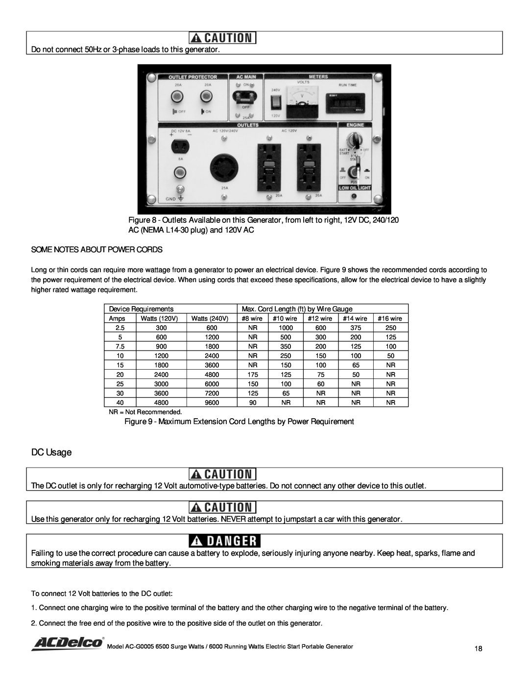 ACDelco AC-G0005 instruction manual DC Usage, Do not connect 50Hz or 3-phase loads to this generator 
