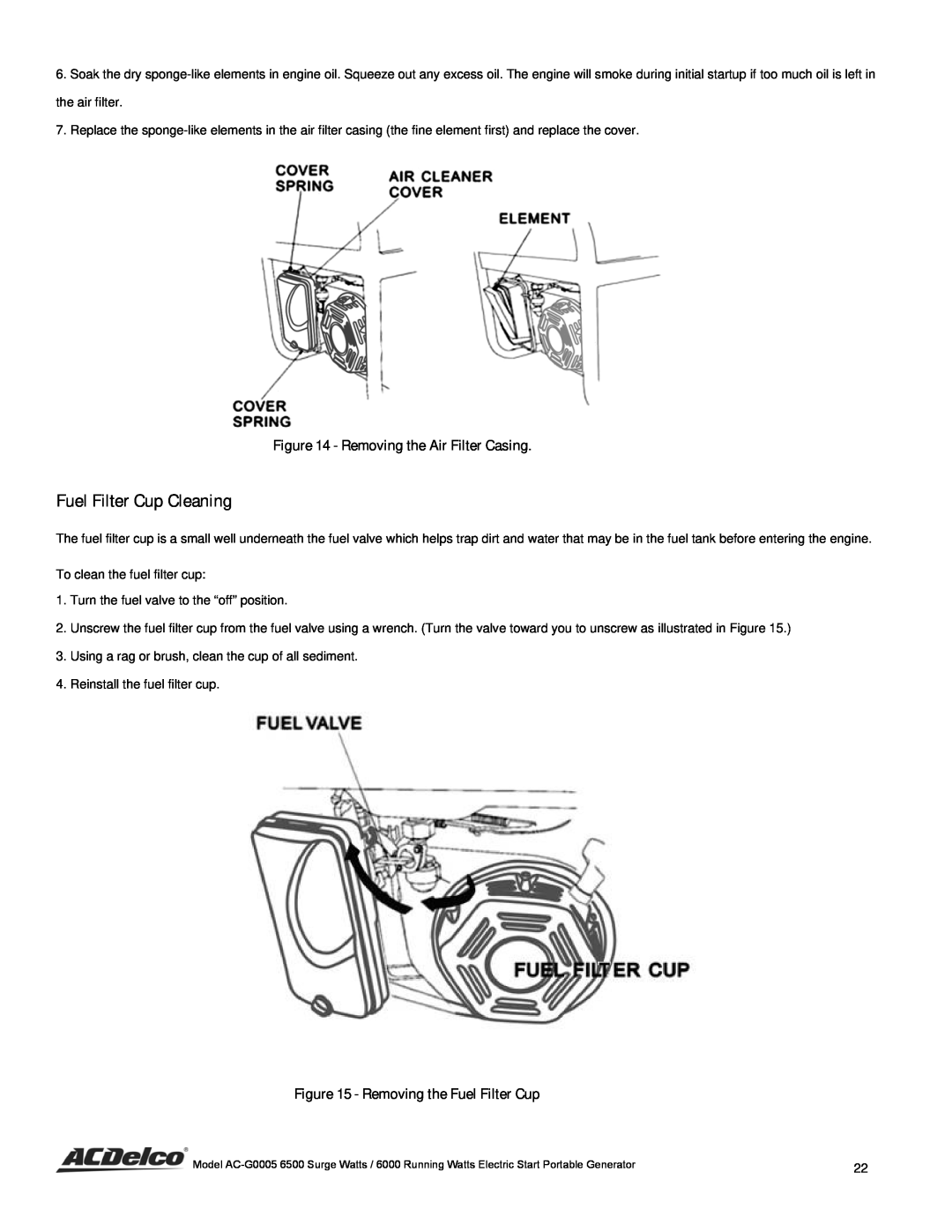 ACDelco AC-G0005 instruction manual Fuel Filter Cup Cleaning, Removing the Air Filter Casing, Removing the Fuel Filter Cup 