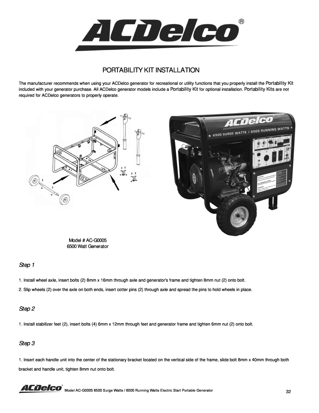 ACDelco instruction manual Portability Kit Installation, Step, Model # AC-G0005 6500 Watt Generator 