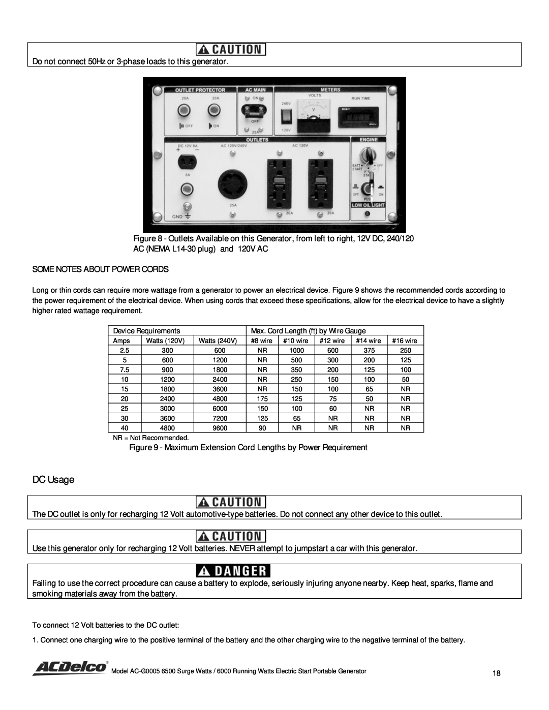 ACDelco AC-G0005 instruction manual DC Usage, Do not connect 50Hz or 3-phase loads to this generator 