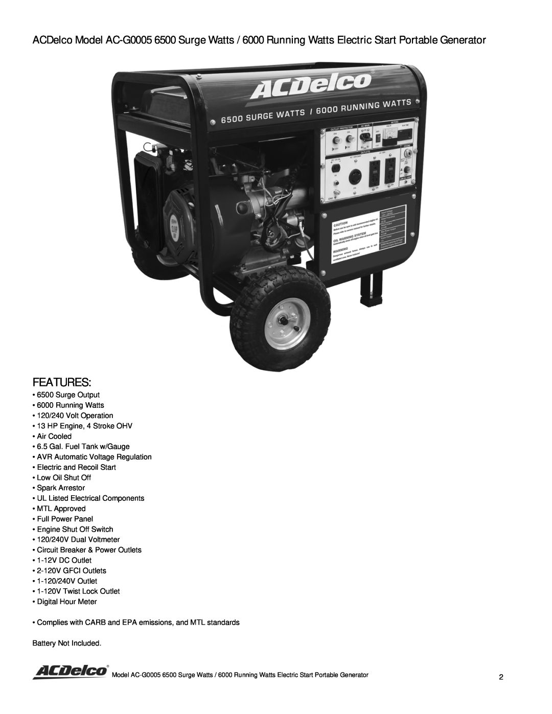 ACDelco AC-G0005 instruction manual Features 