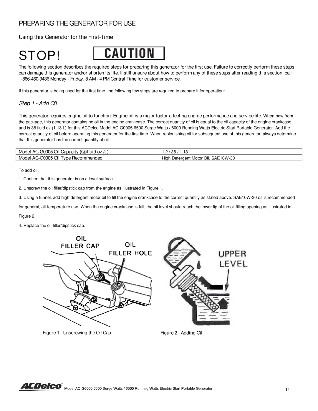 ACDelco AC-G0005 instruction manual Preparing the Generator for USE, Using this Generator for the First-Time, Add Oil 