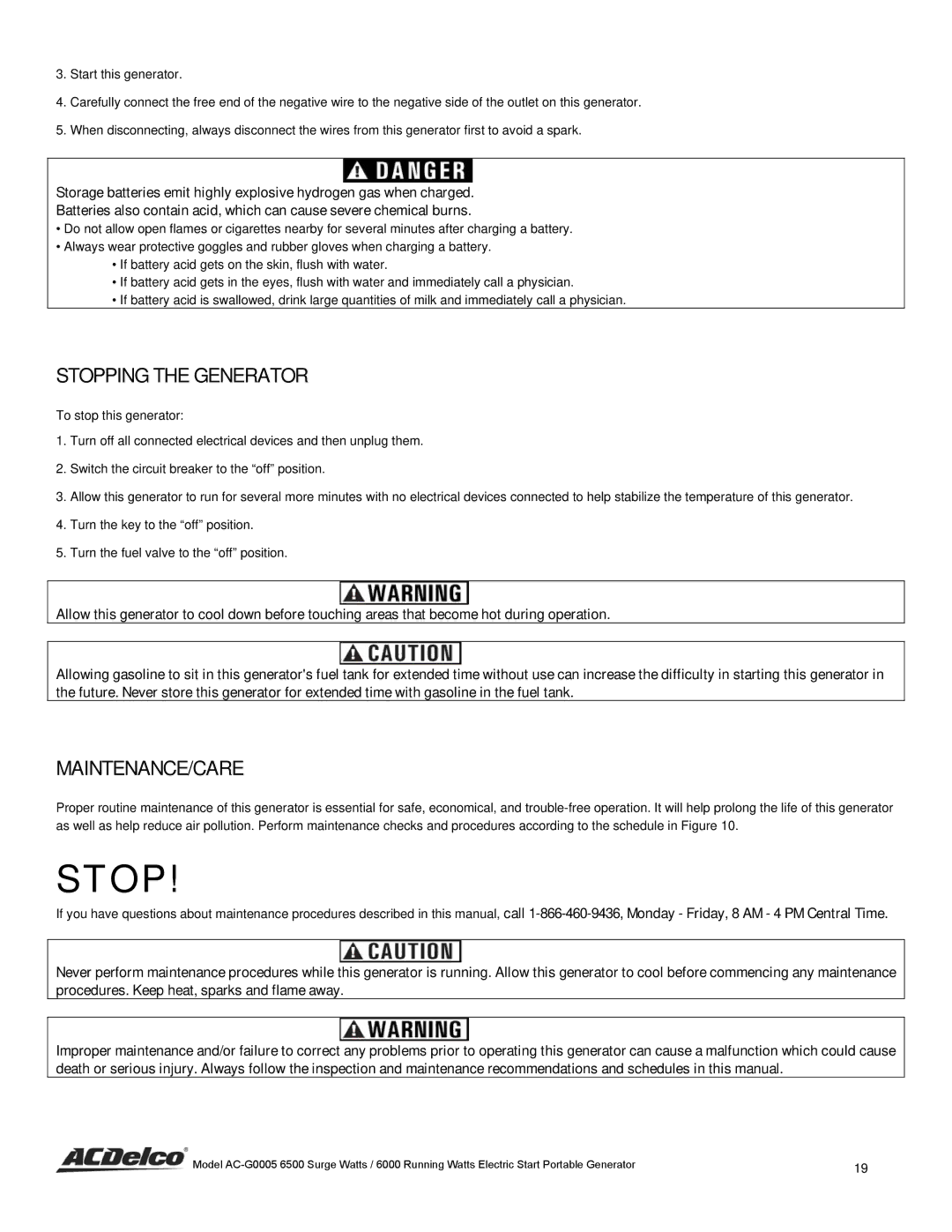 ACDelco AC-G0005 instruction manual Stopping the Generator, Maintenance/Care 