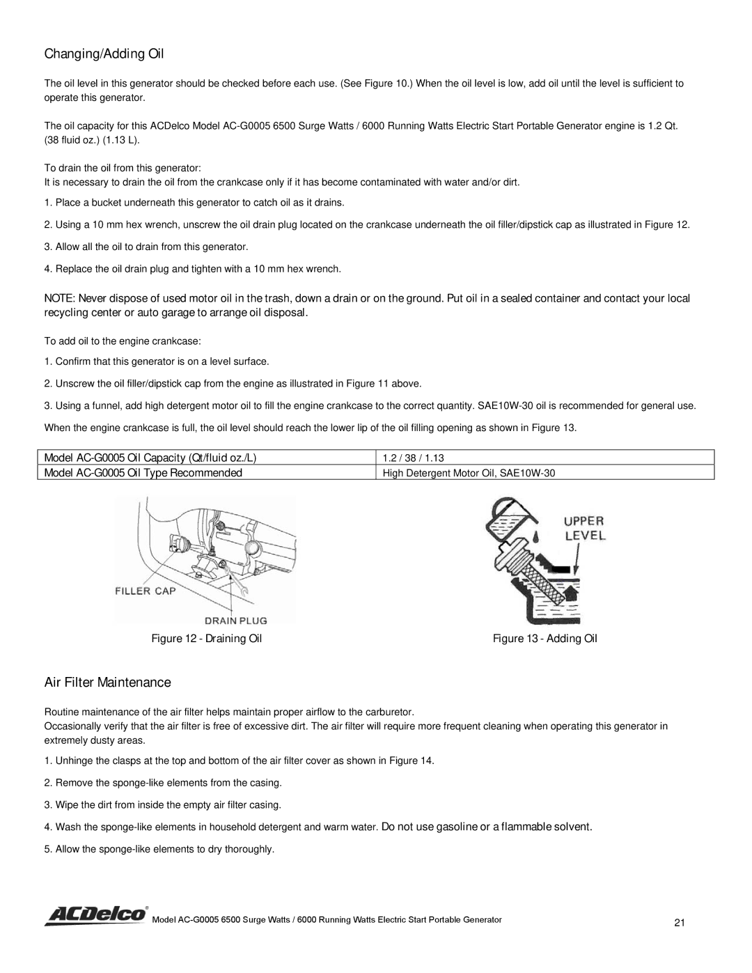 ACDelco AC-G0005 instruction manual Changing/Adding Oil, Air Filter Maintenance 