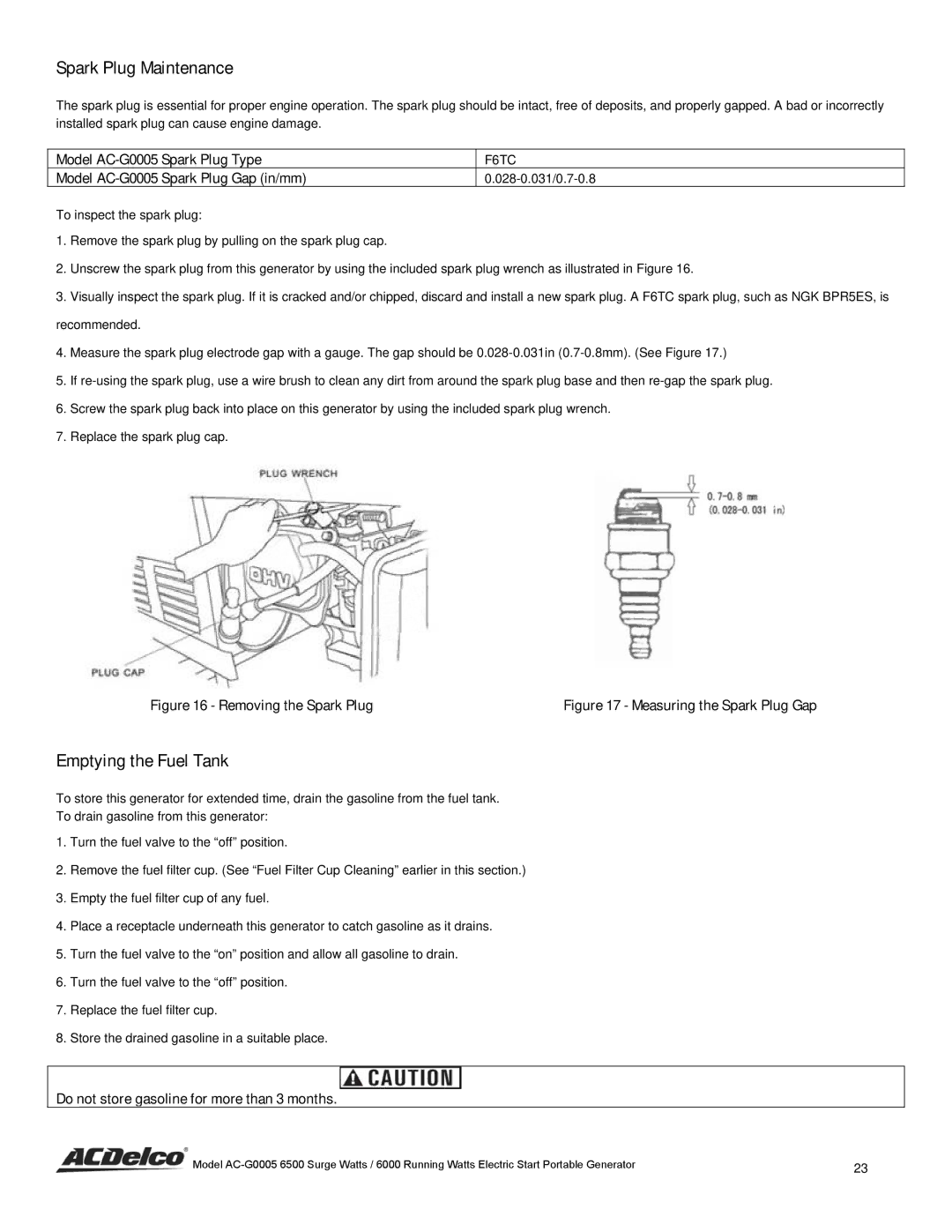 ACDelco instruction manual Spark Plug Maintenance, Emptying the Fuel Tank, Model AC-G0005 Spark Plug Type 