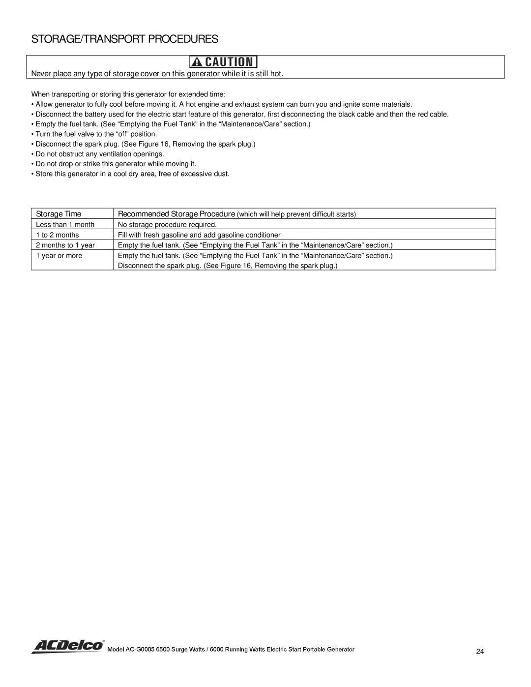 ACDelco AC-G0005 instruction manual STORAGE/TRANSPORT Procedures, Storage Time 