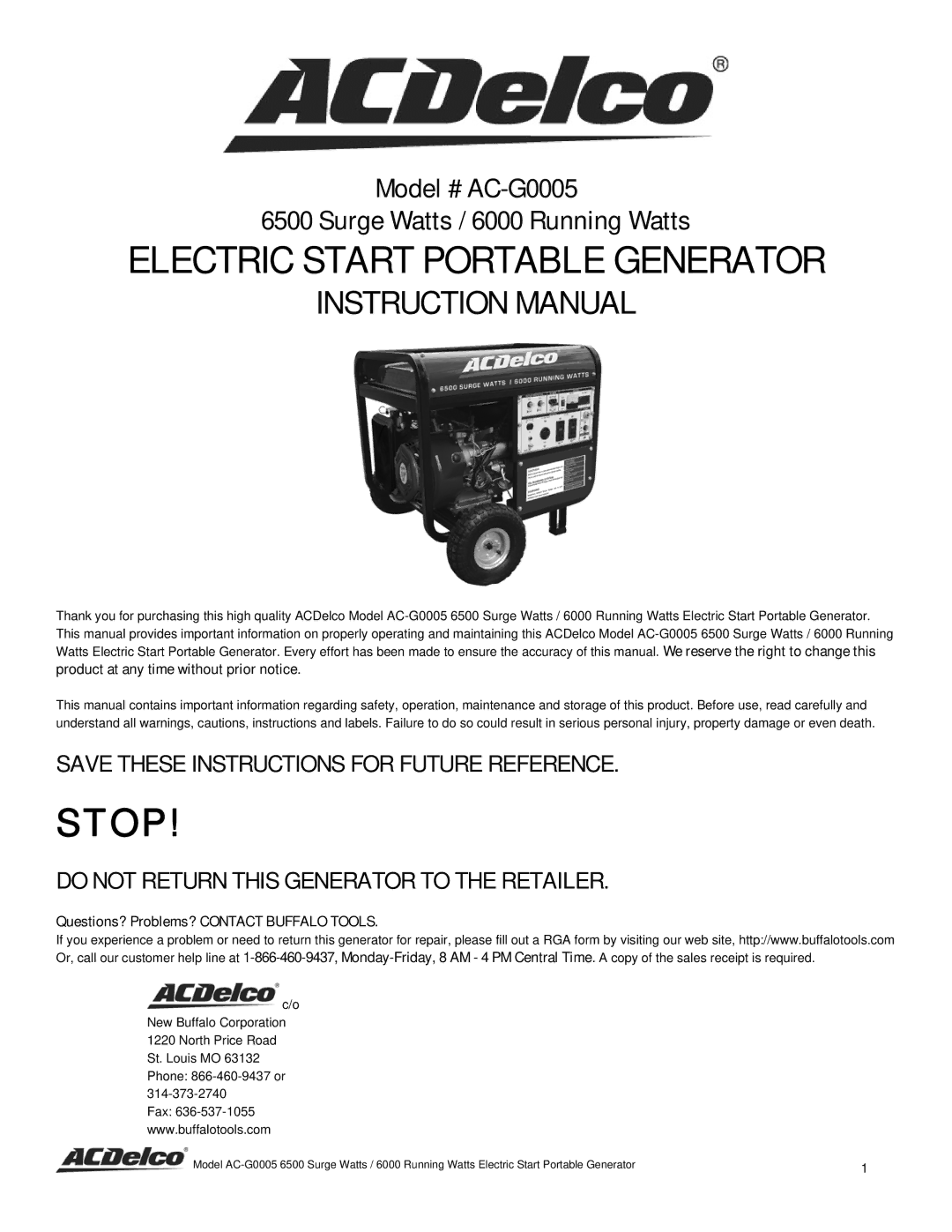 ACDelco AC-G0005 instruction manual Electric Start Portable Generator, Questions? Problems? Contact Buffalo Tools 