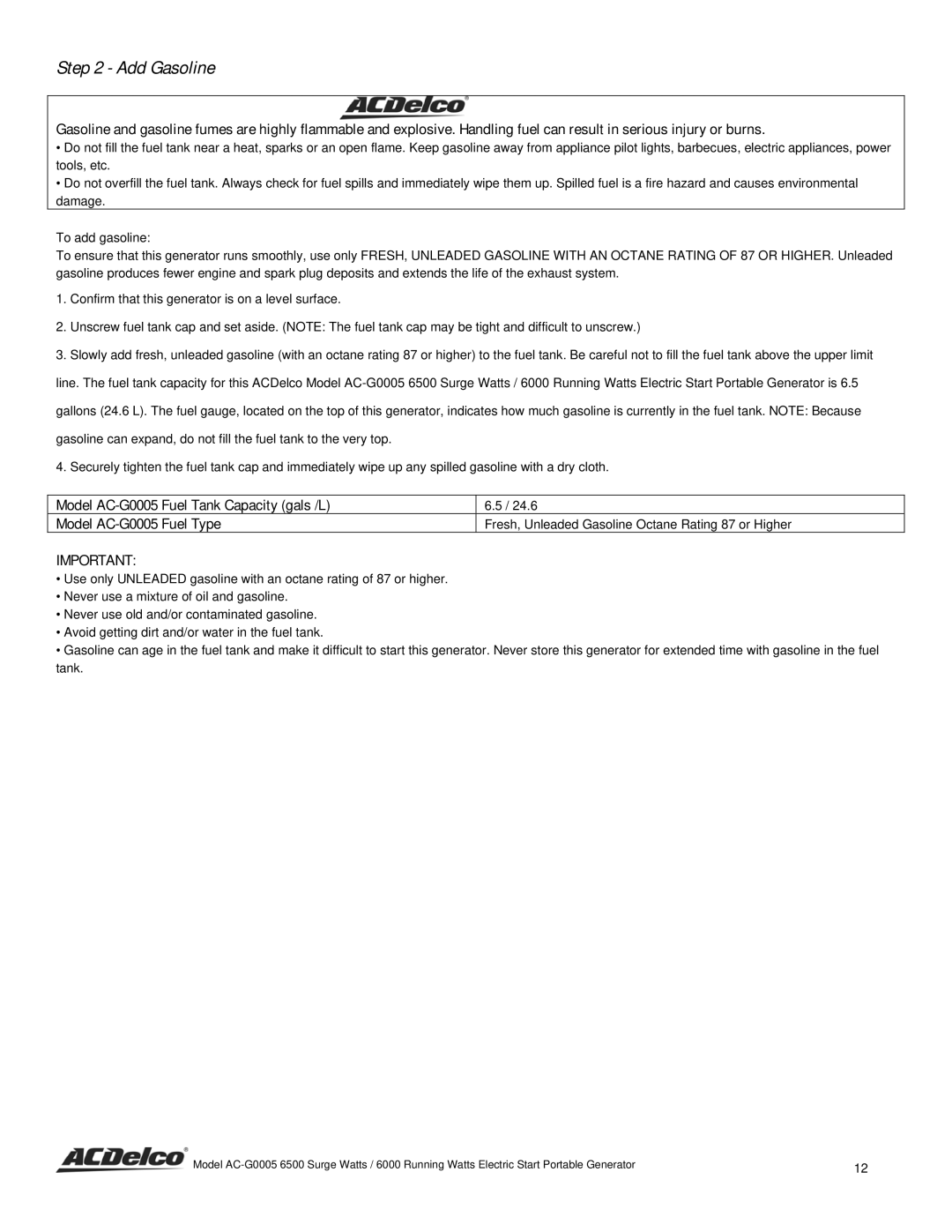 ACDelco AC-G0005 instruction manual Add Gasoline 