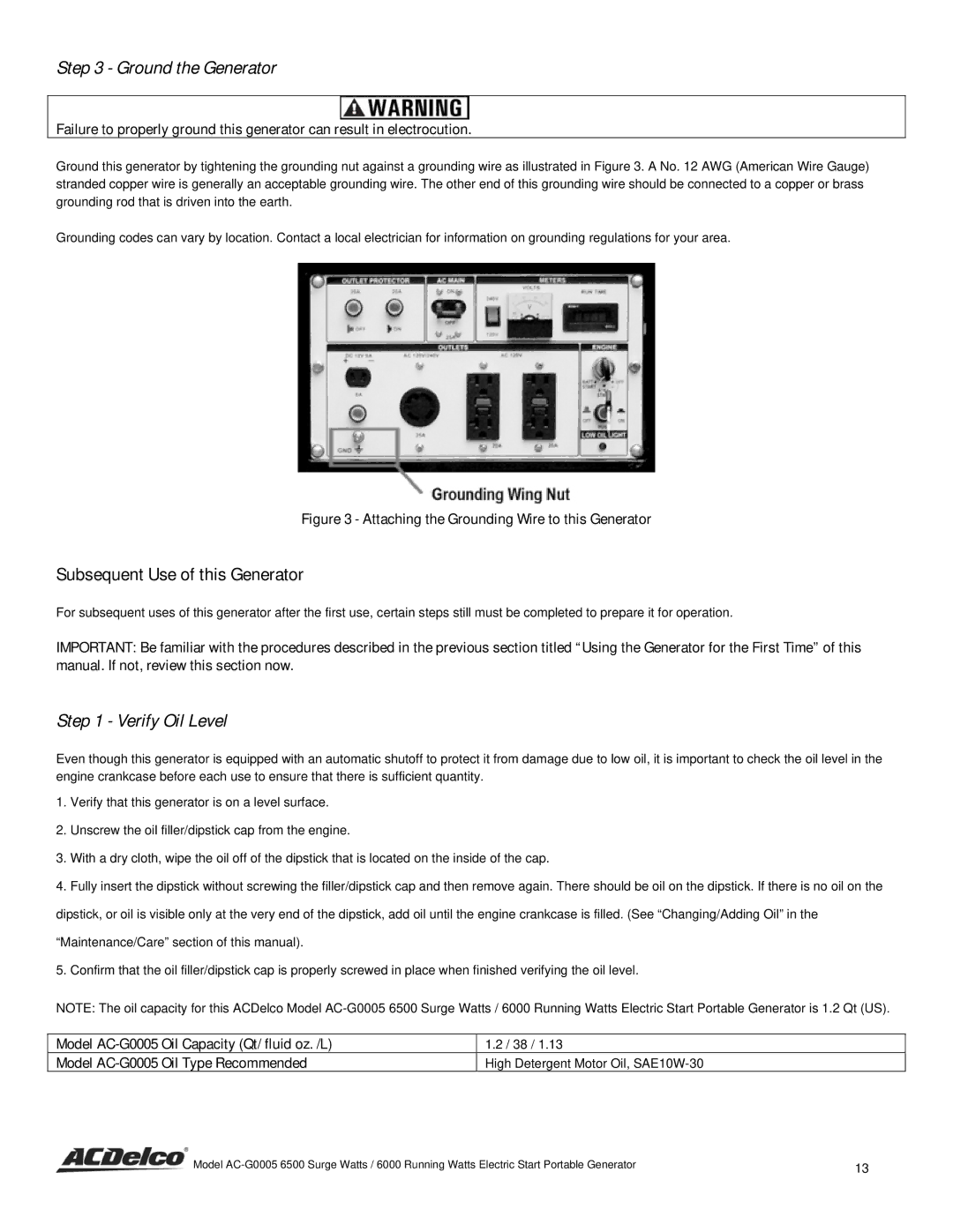 ACDelco AC-G0005 instruction manual Subsequent Use of this Generator, Attaching the Grounding Wire to this Generator 