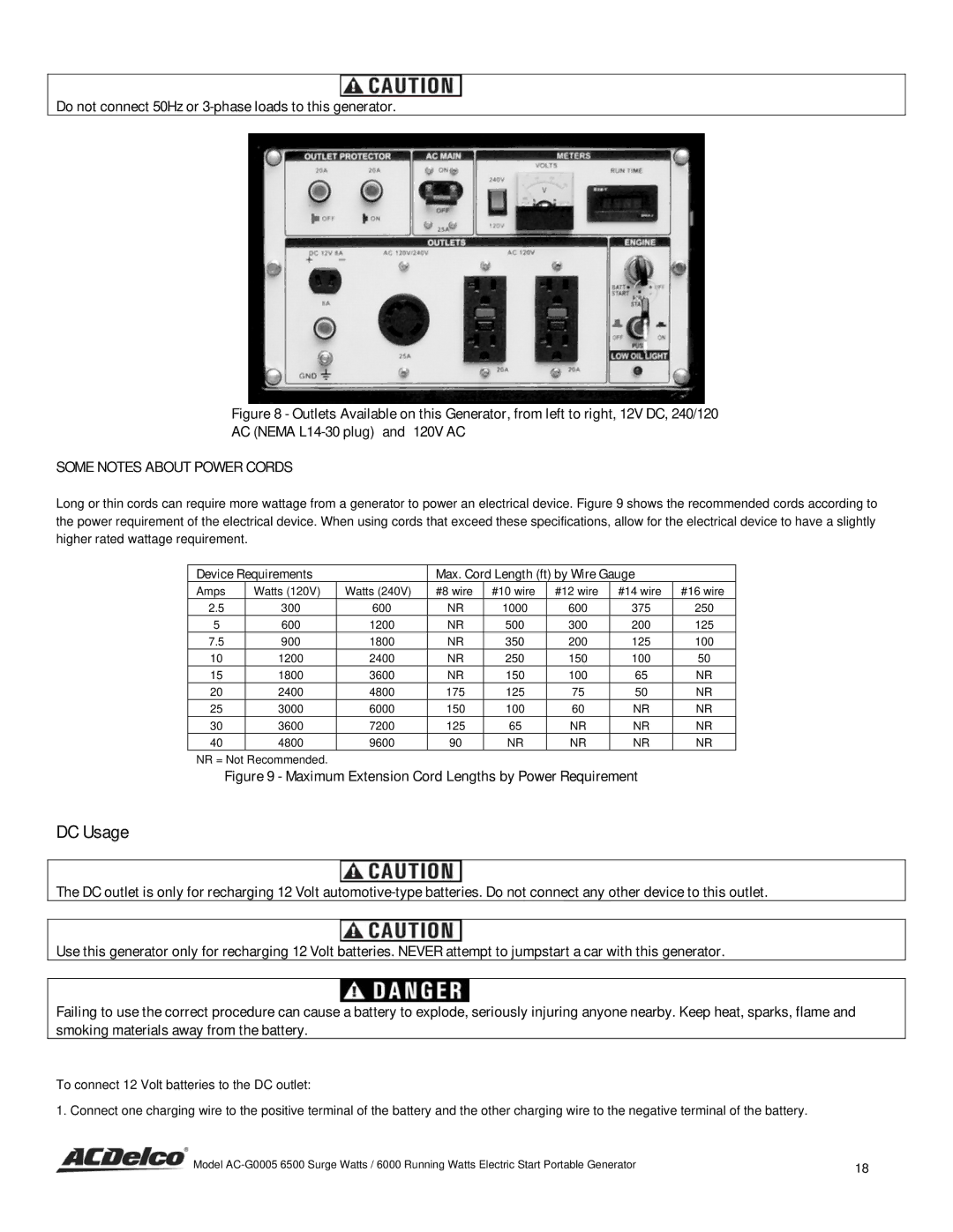 ACDelco AC-G0005 instruction manual DC Usage, Do not connect 50Hz or 3-phase loads to this generator 