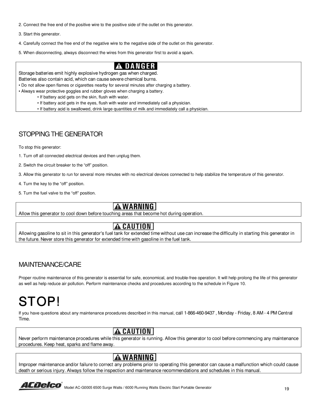 ACDelco AC-G0005 instruction manual Stopping the Generator, Maintenance/Care 