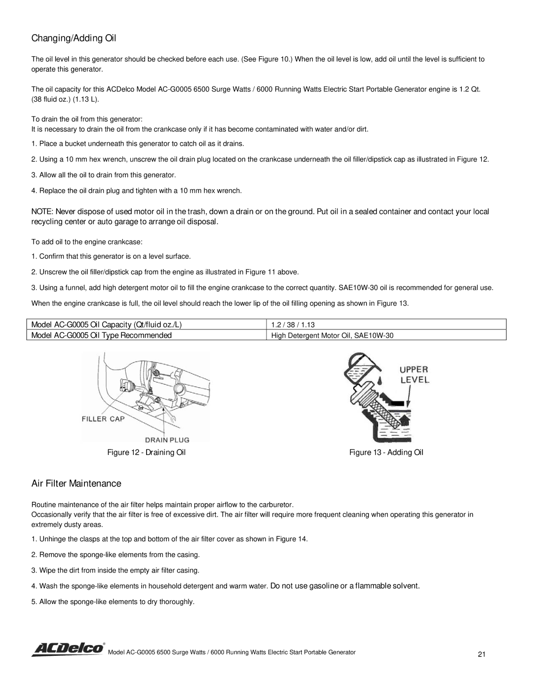 ACDelco AC-G0005 instruction manual Changing/Adding Oil, Air Filter Maintenance 