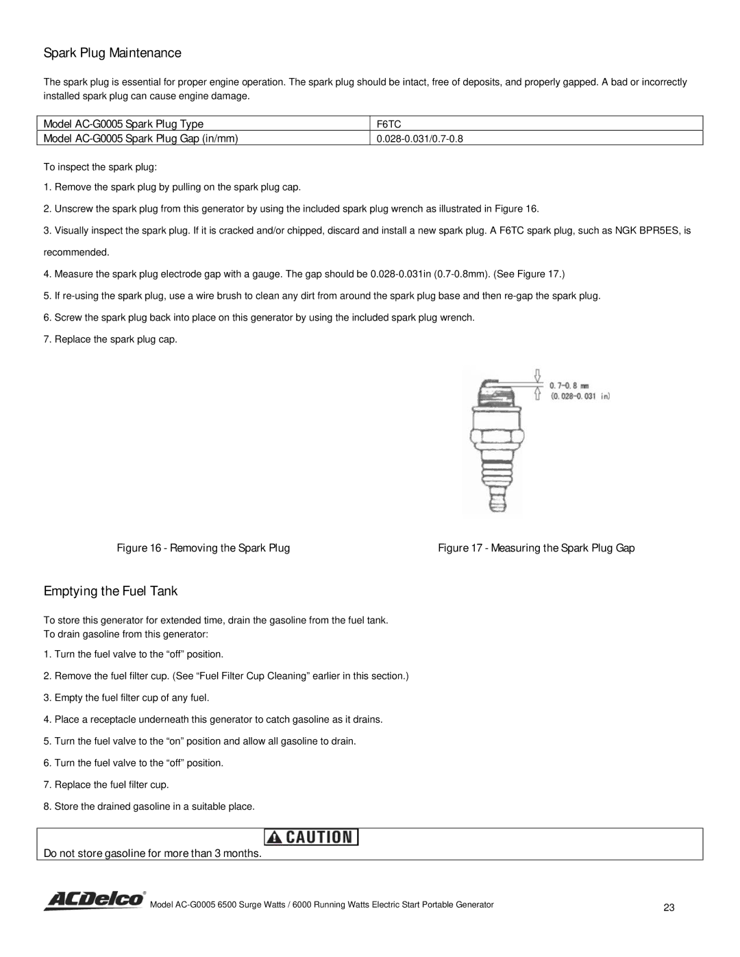 ACDelco instruction manual Spark Plug Maintenance, Emptying the Fuel Tank, Model AC-G0005 Spark Plug Type 